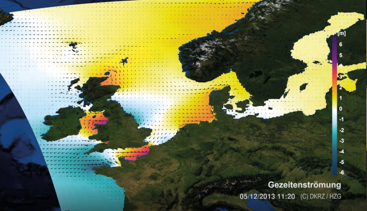 Tidal current and water level: The coastDat data set is based on numerical models. The portal has been providing scientific data for more than 15 years. It is used, for example, in the planning of offshore wind farms. ©DKRZ/Hereon Tidal current Water level